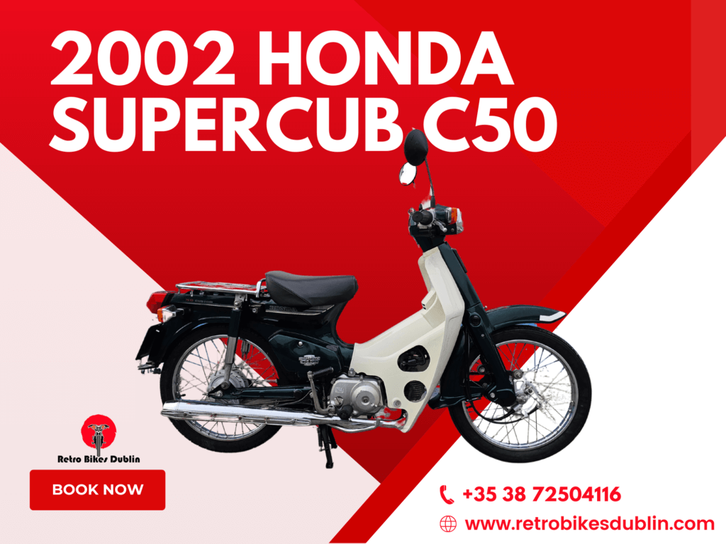 2002 Honda Super Cub C50 in green and white, available at Retro Bikes Dublin. Classic commuter motorcycle with 4-speed gearbox and electric start.